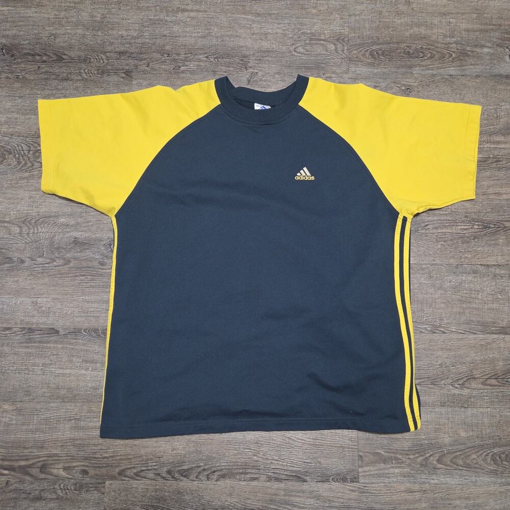 Vintage Adidas T-Shirt Mens XXL Navy Yellow Colorblock Raglan 90s Y2K Embroidere